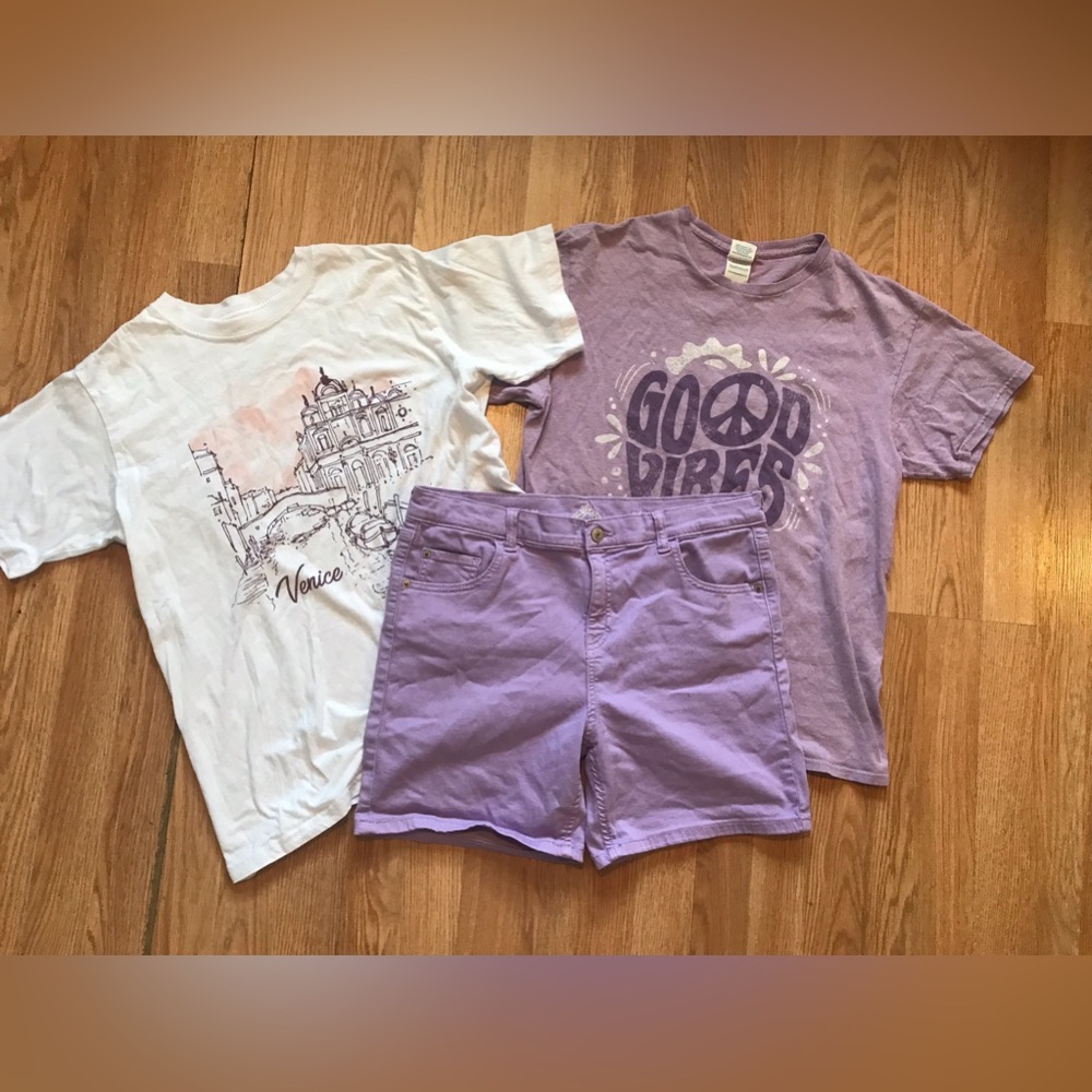3 Pc Girls Lot 16.5 PLUS Purple Midi Shorts &2 Summer T-Shirts Venice Good Vibes